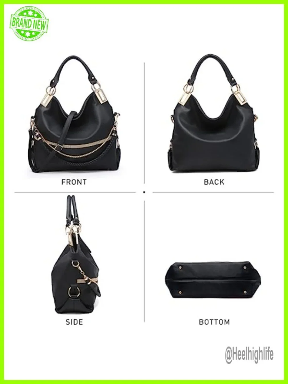 Large Hobo Bag with Rhinestone Accents Vegan Leather Tote Shoulder Handbag